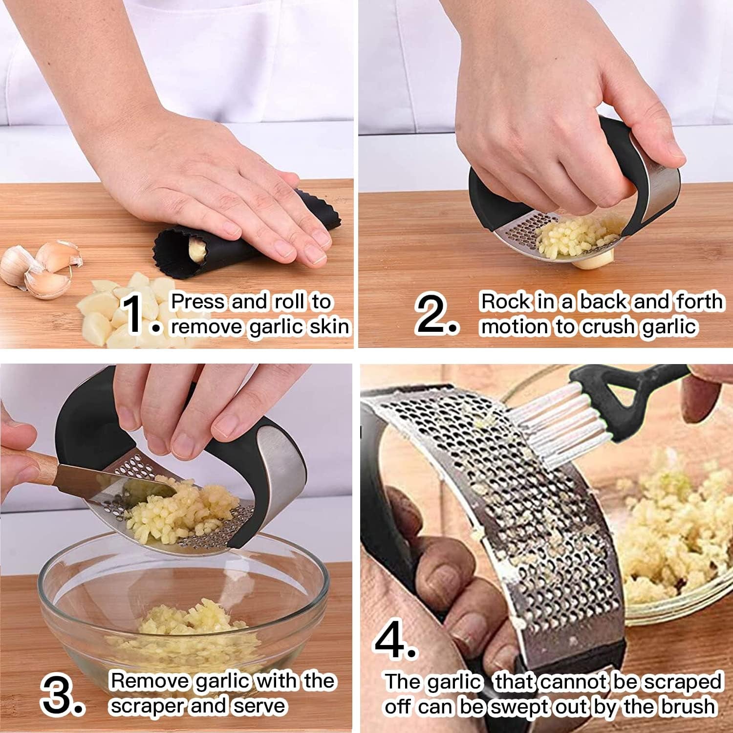 Stainless Steel Garlic Smash, Press Rocker Mincer/ Crusher/ Chopper with Peeler and Scraper Brush