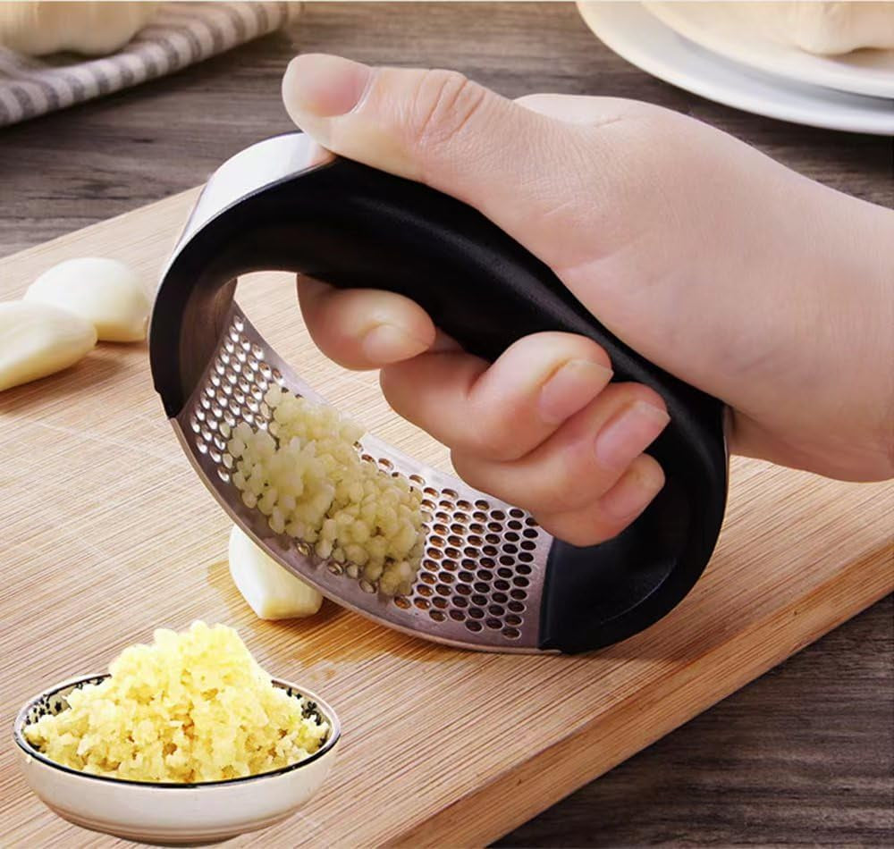 Stainless Steel Garlic Smash, Press Rocker Mincer/ Crusher/ Chopper with Peeler and Scraper Brush