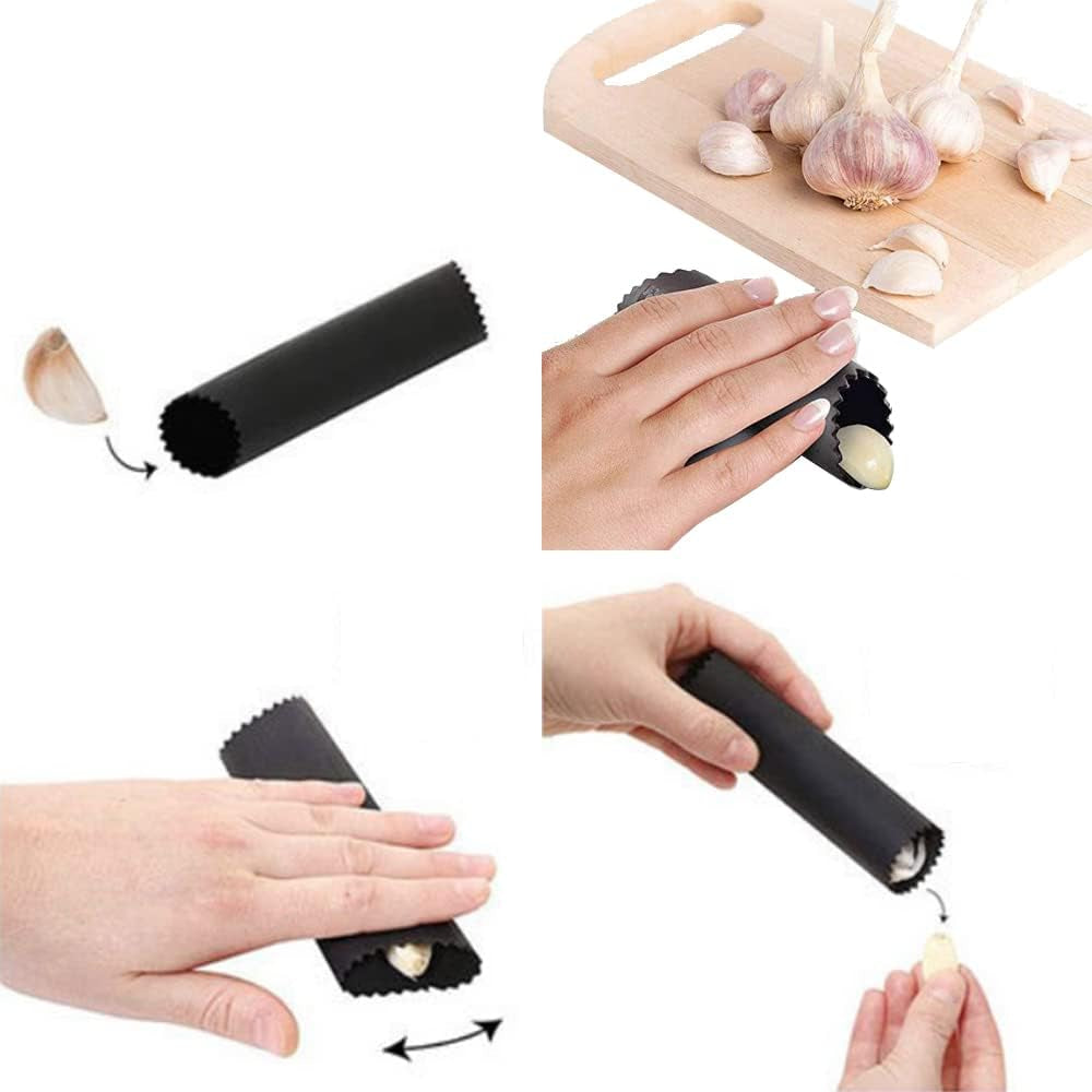 Stainless Steel Garlic Smash, Press Rocker Mincer/ Crusher/ Chopper with Peeler and Scraper Brush
