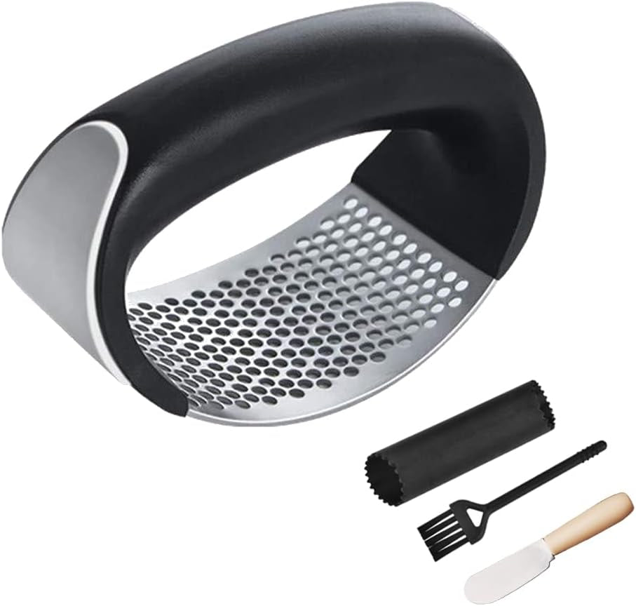 Stainless Steel Garlic Smash, Press Rocker Mincer/ Crusher/ Chopper with Peeler and Scraper Brush